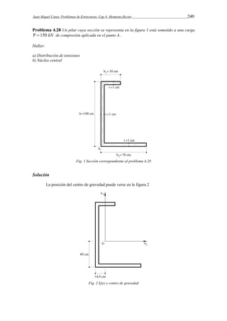 Juan Miquel Canet. Problemas de Estructuras. Cap 4: Momento flector 240 
Problema 4.28 Un pilar cuya sección se representa en la figura 1 está sometido a una carga 
  150 kN de compresión aplicada en el punto A.. 
Hallar: 
a) Distribución de tensiones 
b) Núcleo central 
Fig. 1 Sección correspondiente al problema 4.28 
Solución 
La posición del centro de gravedad puede verse en la figura 2 
Fig. 2 Ejes y centro de gravedad 
 