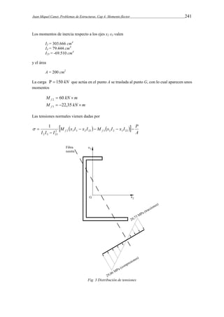 Juan Miquel Canet. Problemas de Estructuras. Cap 4: Momento flector 241 
Los momentos de inercia respecto a los ejes x2 x3 valen 
I2 = 303.666 cm4 
I3 = 79.444 cm4 
I23 = -69.510 cm4 
y el área 
A = 200 cm2 
La carga   150 kN que actúa en el punto A se traslada al punto G, con lo cual aparecen unos 
momentos 
M kN m f  60  2 
M kN m f  22,35  3 
Las tensiones normales vienen dadas por 
M x I x I M x I x I P 
     
A 
 1 
 2 2 3 3 2 23 3 2 2 3 23 
    
I I  
I f f 2 3 23 
Fig. 3 Distribución de tensiones 
 