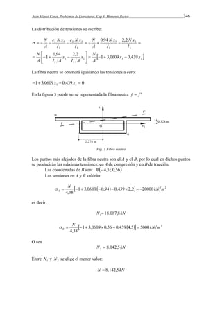 Juan Miquel Canet. Problemas de Estructuras. Cap 4: Momento flector 246 
La distribución de tensiones se escribe: 
0,94 2,2 
N 
e N x 
          
 
x N 
N x 
2  3 2  
2 2 
3 
    
3 
e N x 
3 3 
2 
3 
2 
2 
3 
3 
2 
N 
1 0,94 2,2 1 3,0609 0,439 
x x 
A 
I A 
x 
N 
 
A I A 
I 
I 
N x 
A 
I 
I 
A 
     
 
La fibra neutra se obtendrá igualando las tensiones a cero: 
1 3,0609 0,439 0 3 2   x  x  
En la figura 3 puede verse representada la fibra neutra f  f ' 
Fig. 3 Fibra neutra 
Los puntos más alejados de la fibra neutra son el A y el B, por lo cual en dichos puntos 
se producirán las máximas tensiones: en A de compresión y en B de tracción. 
Las coordenadas de B son: B 4,5 ; 0,56 
Las tensiones en A y B valdrán: 
N kN m 
 1 3,0609 0,94 0,439 2,2 20000 2 
A          
4,38 
es decir, 
N 18.087,8kN 1 
N kN m 
 1 3,0609 0,56 0,4394,5 5000 2 
B        
4,38 
O sea 
N 8.142,5kN 2  
Entre 1 N y 2 N se elige el menor valor: 
N  8.142,5kN 
 