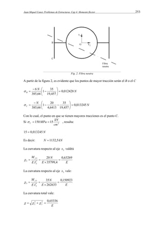 Juan Miquel Canet. Problemas de Estructuras. Cap 4: Momento flector 253 
Fig. 2. Fibra neutra 
A partir de la figura 2, es evidente que los puntos de mayor tracción serán el B o el C 
N N 
6  
 
1  
35 
 B 0,012428 
19,457 
385,66 
 
 
 
  
N  
1  20 
 
 
35 
N 
C 0,013245 
19,457 
4,6413 
385,66 
  
 
 
  
Con lo cual, el punto en que se tienen mayores tracciones es el punto C. 
Si   150 MPa  15 
kN , resulta: 
C 2 cm 
15  0,013245N 
Es decir: N  1132,5kN 
La curvatura respecto al eje 2 x valdrá 
M f 20 
N 
0,63269 
2  
E E 
E I 
35799,4 
2 
* 
2 
 
   
La curvatura respecto al eje 3 x vale: 
M f 35 
N 
0,150923 
3  
E E 
E I 
262633 
3 
* 
3 
 
   
La curvatura total vale: 
2 0,65336 
3 
E 
2 
2       
 