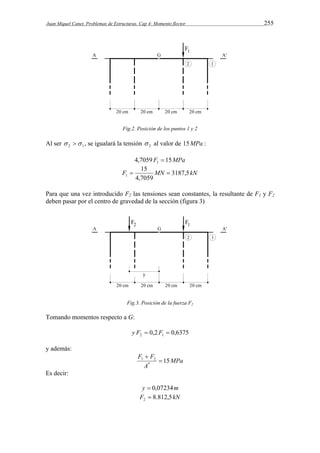 Juan Miquel Canet. Problemas de Estructuras. Cap 4: Momento flector 255 
Fig.2. Posición de los puntos 1 y 2 
Al ser 2 1   , se igualará la tensión 2  al valor de 15MPa : 
4,7059 F 15MPa 1  
15 
F MN 3187,5kN 
1   
4,7059 
Para que una vez introducido F2 las tensiones sean constantes, la resultante de F1 y F2 
deben pasar por el centro de gravedad de la sección (figura 3) 
Fig.3. Posición de la fuerza F2 
Tomando momentos respecto a G: 
0,2 0,6375 2 1 y F  F  
y además: 
MPa 
F  
F 1 2  
15 * 
A 
Es decir: 
y  0,07234m 
F 8.812,5kN 2  
 