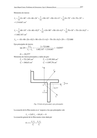 Juan Miquel Canet. Problemas de Estructuras. Cap 4: Momento flector 257 
Momentos de inercia: 
90 10 90 10 11 1 
10 40 10 40 26 1 
12 
3 2 3 2 3 2 
4 
2 
1.314.667 
10 70 10 70 29 
12 
12 
1 
cm 
I 
 
                 
10 90 90 10 6,5 1 
40 10 10 40 43,5 1 
12 
3 2 3 2 3 2 
4 
3 
1.602.167 
70 10 70 10 16,5 
12 
12 
1 
cm 
I 
 
                 
10 40 26 43,5 90 10 11 6,5 70 10 16,5 29 723.000 23 I                
Ejes principales de inercia: 
5,02957 
I  
2 2 723.000 
 
I I 
23   
1.602.167 1.314.667 
tan 2 
3 2 
 
 
  
 
  39,377º 
Momentos de inercia principales y radios de giro 
Iˆ  721.265 cm 4 
4 
2 3 Iˆ  2.195.569 cm 
2 2 
2 rˆ  360,63 cm 2 2 
3 rˆ  1.097,78 cm 
Fig. 2 Centro de gravedad y ejes principales 
La ecuación de la fibra neutra m-m’ respecto a los ejes principales vale 
ˆ 3,45 ˆ 161,41 0 3 2 x  x   
La ecuación general de la fibra neutra viene dada por 
ˆ ˆ 
e x 
2 2 
2 
3 
ˆ ˆ 
e x   3 3 
 
2 
2 
ˆ 
ˆ 
0 1 
r 
r 
 