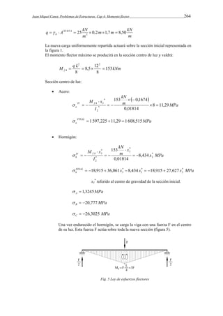 Juan Miquel Canet. Problemas de Estructuras. Cap 4: Momento flector 264 
m m kN 
m 
q ANUEVA kN 
h 25 0,2 1,7 8,50 3        
m 
La nueva carga uniformemente repartida actuará sobre la sección inicial representada en 
la figura 1. 
El momento flector máximo se producirá en la sección centro de luz y valdrá: 
M q L 8,5 12 
153 
kNm f 8 
8 
2 2 
4     
Sección centro de luz: 
 Acero: 
  
kN 
153   
0,1674 
M x IV f 
a 8 11,29 
m MPa 
I 
0,01814 
* 
2 
* 
4 3   
  
 
   
FINAL MPa 
a   1 597,225 11,29  1 608,515 
 Hormigón: 
x MPa 
x 
kN 
m 
M x IV f 
h 
I 
* 
3 
* 
3 
* 
2 
* 
153 
4 3 8,434 
0,01814 
  
 
  
 
   
FINAL x x x * 
MPa 
h 
3 
  18,915  36,061 * 
 8,434 * 
 18,915  27,627 
3 3 
x3 
* referido al centro de gravedad de la sección inicial. 
  1,3245 
MPa A MPa B   20,777 
MPa C   26,3025 
Una vez endurecido el hormigón, se carga la viga con una fuerza F en el centro 
de su luz. Esta fuerza F actúa sobre toda la nueva sección (figura 5). 
Fig. 5 Ley de esfuerzos flectores 
 