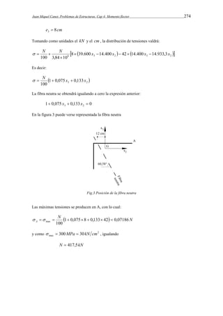 Juan Miquel Canet. Problemas de Estructuras. Cap 4: Momento flector 274 
e 8cm 3  
Tomando como unidades el kN y el cm , la distribución de tensiones valdrá: 
N N  x  x   x  x 
     8 3 2 3 2 8 39.600 14.400 42 14.400 14.933,3 
100 3,84  
10 
   
Es decir: 
  N  x  x 
 3 2 1 0,075 0,133 
100 
La fibra neutra se obtendrá igualando a cero la expresión anterior: 
1 0,075 0,133 0 3 2  x  x  
En la figura 3 puede verse representada la fibra neutra 
Fig.3 Posición de la fibra neutra 
Las máximas tensiones se producen en A, con lo cual: 
N   N 
A 1 0,075 8 0,133 42 0,07186 
100 max         
y como 2 
max   300MPa  30kN cm , igualando 
N  417,5kN 
 