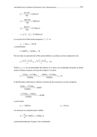Juan Miquel Canet. Problemas de Estructuras. Cap 4: Momento flector 276 
r  91.118  cm 
2 2 
2 123,8 
736 
r  258.228  cm 
2 2 
3 350,9 
736 
r  86.817  cm 
2 2 
23 117,96 
736 
2 
2 r  r r  r  31.205,6cm 
4 4 
23 
2 
3 
La ecuación de la fibra neutra propuesta f  f ' es: 
0,5 10,74 3 2 x  x  
y normalizando: 
1 0,053 0,106 0 2 3  x  x  
Por otro lado, la expresión de la fibra neutra debida a un esfuerzo axil de compresión vale: 
2 
 
x e r e r 
e r e r 
1 2 23 
0 3 
2 
3 3 
2 
2 
3 23 
2 
2 2  
 
 
 x 
r 
r 
Siendo 2 e y 3 e las excentricidades del esfuerzo N, es decir, las coordenadas del punto en donde 
actúa el esfuerzo respecto a los ejes de la figura 2. Es decir, 
0 
e e x 350,9 e 117,96 
e  x 
1 3 
2 3  
31205,6 
123,8 117,96 
31205,6 
3 2 
2 
 
 
 
E identificando coeficientes se obtiene el sistema de dos ecuaciones con dos incógnitas: 
0,053 
e  e 
123,8 117,96 2 3  
31205,6 
 e  e 
117,96 350,9 2 3   
0,106 
31205,6 
y resolviendo: 
e 6,89cm 2   e 6,1cm 3  
Las tensiones en cualquier punto valdrán: 
  N   
 2 3 1 0,053 x 0,106 x 
A 
y particularizando para el punto A de coordenadas: 
 