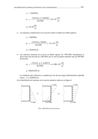 Juan Miquel Canet. Problemas de Estructuras. Cap 4: Momento flector 281 
x 0,6456m 3   
  
p kN 
2 
35 103 
153,125   
0,6456 
0,13398 
m 
   
f   
p  47,43 kN 
m 
 Las máximas compresiones en la sección central se hallan en la fibra superior: 
x 0,8544m 3  
p kN 
2 
35 103 
153,125 0,8544 
  
0,13398 
m 
  
f    
p  35,84kN m 
 Las máximas tensiones en el acero no deben superar los 1700 MPa. Inicialmente el 
acero tiene una tracción de 1200 MPa, por lo cual no puede aumentar más de 500 MPa 
de tracción. 
  
p n kN 
2 
500 103 
153,125 0,4937 
    
0,13398 
m 
  
a    
p  88,614kN m 
La condición más restrictiva es aquella que nos da una carga uniformemente repartida 
menor: p  35,84 kN m 
d) La distribución de tensiones en la sección central se indica en la figura 4. 
Fig. 4 Distribución de tensiones 
 