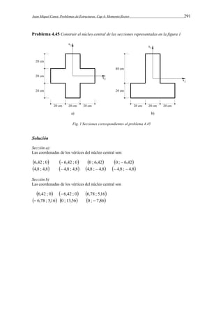 Juan Miquel Canet. Problemas de Estructuras. Cap 4: Momento flector 291 
Problema 4.45 Construir el núcleo central de las secciones representadas en la figura 1 
Fig. 1 Secciones correspondientes al problema 4.45 
Solución 
Sección a): 
Las coordenadas de los vértices del núcleo central son: 
 6,42 ; 0 
 
  
6,42 ; 0 
 
 0 ; 6,42 
 
4,8 ; 4,8 
  
4,8 ; 4,8 
4,8 ;  
4,8 
 0 ;  
6,42 
 
  4,8 ;  
4,8 
Sección b) 
Las coordenadas de los vértices del núcleo central son 
 6,42 ; 0 
 
  6,42 ; 0 
 
 6,78 ; 5,16 
 
  
6,78 ; 5,16 
0 ; 13,56 
0 ;  
7,86 
 