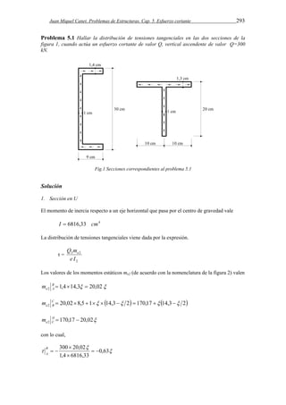 Juan Miquel Canet. Problemas de Estructuras. Cap. 5. Esfuerzo cortante 293 
Problema 5.1 Hallar la distribución de tensiones tangenciales en las dos secciones de la 
figura 1, cuando actúa un esfuerzo cortante de valor Q, vertical ascendente de valor Q=300 
kN. 
Fig.1 Secciones correspondientes al problema 5.1 
Solución 
1. Sección en U 
El momento de inercia respecto a un eje horizontal que pasa por el centro de gravedad vale 
I  6816,33 cm4 
La distribución de tensiones tangenciales viene dada por la expresión. 
τ = 
Q me 
3 2 
e I 
2 
Los valores de los momentos estáticos me2 (de acuerdo con la nomenclatura de la figura 2) valen 
1,4 14,3 20,02 2 B    
e A m 
20,02 8,5 1 14,3 2 170,17 14,3 2 2 C          
e B m 
170,17 20,02 2 D   
e C m 
con lo cual, 
 
300  
20,02  
  
 0,63 
1,4  
6816,33 
  B 
A 
 