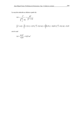 Juan Miquel Canet. Problemas de Estructuras. Cap. 5. Esfuerzo cortante 299 
La sección reducida se obtiene a partir de 
kA I 
2 
  
  
Q 
  e d 
m 
e 
d 
e 
2 
2 
2 
1 
            
 2e d 2,5 1,25 2 2 0,2 d 2 1,25 0,625 2 2 0,2 d 0,25 
0 
1 
0 
con lo cual 
2 
2 
kA  0,25  0,25 
m 
0,25 
 