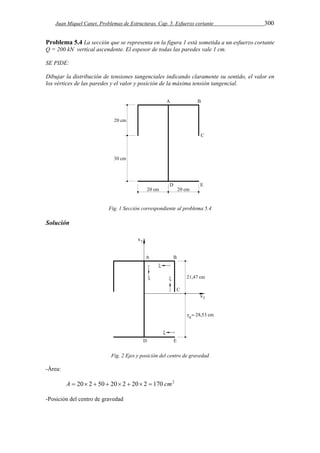 Juan Miquel Canet. Problemas de Estructuras. Cap. 5. Esfuerzo cortante 300 
Problema 5.4 La sección que se representa en la figura 1 está sometida a un esfuerzo cortante 
Q = 200 kN vertical ascendente. El espesor de todas las paredes vale 1 cm. 
SE PIDE: 
Dibujar la distribución de tensiones tangenciales indicando claramente su sentido, el valor en 
los vértices de las paredes y el valor y posición de la máxima tensión tangencial. 
Fig. 1 Sección correspondiente al problema 5.4 
Solución 
Fig. 2 Ejes y posición del centro de gravedad 
-Área: 
A  20 2  50  20 2  20 2  170 cm2 
-Posición del centro de gravedad 
 
