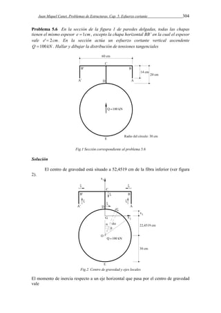 Juan Miquel Canet. Problemas de Estructuras. Cap. 5. Esfuerzo cortante 304 
Problema 5.6 En la sección de la figura 1 de paredes delgadas, todas las chapas 
tienen el mismo espesor e  1cm, excepto la chapa horizontal BB’ en la cual el espesor 
vale e' 2cm. En la sección actúa un esfuerzo cortante vertical ascendente 
Q  100kN . Hallar y dibujar la distribución de tensiones tangenciales 
Fig.1 Sección correspondiente al problema 5.6 
Solución 
El centro de gravedad está situado a 52,4519 cm de la fibra inferior (ver figura 
2). 
Fig.2. Centro de gravedad y ejes locales 
El momento de inercia respecto a un eje horizontal que pasa por el centro de gravedad 
vale 
 
