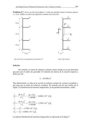 Juan Miquel Canet. Problemas de Estructuras. Cap. 5. Esfuerzo cortante 306 
Problema 5.7 En la sección de la figura 1, todas las paredes tienen el mismo espesor 
e  1cm. Hallar el centro de esfuerzos cortantes de la sección 
Fig.1 Sección correspondiente al problema 5.7 
Fig.2. Ejes locales 
Solución 
Por simetría, el centro de esfuerzos cortantes estará situado en un eje horizontal 
que pase por el centro de gravedad. El momento de inercia de la sección respecto a 
dicho eje vale 
4 
2 I  86.500cm 
Para determinarlo, se sitúa en la sección un esfuerzo cortante Q3 vertical, ascendente y 
que pasa por el centro de esfuerzos cortantes. De acuerdo con los ejes locales de la 
figura 2 la distribución de tensiones tangenciales, en las paredes horizontales, valdrá: 
Q 35 Q 
3 
Q m B 
A 3 e 2 A 
3 4,0462 10 
4 
 
B 2 
1 86500 
e I 
 
     
 
 
    
Q 15 Q 
3 
Q m D 
D 3 e 2 C 
3 1,7441 10 
4 
 
C 2 
1 86500 
e I 
 
     
 
 
    
D 1,7441 10 4 Q 
C 
3 
FE 
        
 G 
  B  4,0462  10  4  
Q 
H A 
3 
La anterior distribución de tensiones tangenciales se representa en la figura 3 
 