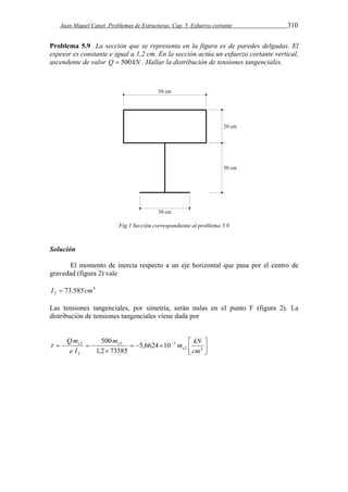 Juan Miquel Canet. Problemas de Estructuras. Cap. 5. Esfuerzo cortante 310 
Problema 5.9 La sección que se representa en la figura es de paredes delgadas. El 
espesor es constante e igual a 1,2 cm. En la sección actúa un esfuerzo cortante vertical, 
ascendente de valor Q  500 kN . Hallar la distribución de tensiones tangenciales. 
Fig.1 Sección correspondiente al problema 5.9 
Solución 
El momento de inercia respecto a un eje horizontal que pasa por el centro de 
gravedad (figura 2) vale 
4 
2 I  73.585cm 
Las tensiones tangenciales, por simetría, serán nulas en el punto F (figura 2). La 
distribución de tensiones tangenciales viene dada por 
 
 
m kN 
    
 
500 
Qm 
     
 
2 2 
2 3 
2 
2 5,6624 10 
1,2 73585 
cm 
m 
e I 
e 
 e e 
 