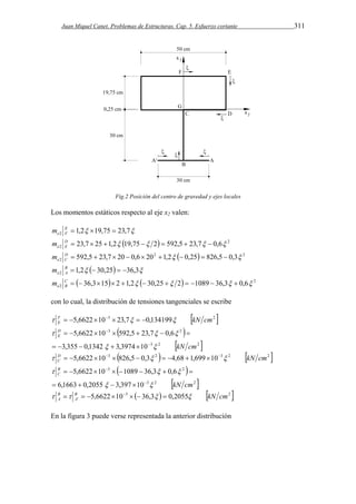 Juan Miquel Canet. Problemas de Estructuras. Cap. 5. Esfuerzo cortante 311 
Fig.2 Posición del centro de gravedad y ejes locales 
Los momentos estáticos respecto al eje x2 valen: 
1,2 19,75 23,7 2    EF 
e m 
  2 
2 6 , 0 7 , 23 5 , 592 2 75 , 19 2 , 1 25 7 , 23            DE 
e m 
2   2 
2 D  592,5  23,7  20  0,6 20 1,2  0,25  826,5  0,3 
e C m 
1,2  30,25 36,3 2 B     
e A m 
    2 
2 C   36,315  2 1,2  30,25  2  1089  36,3  0,6 
e B m 
con lo cual, la distribución de tensiones tangenciales se escribe 
  2 3 134199 , 0 7 , 23 10 6622 , 5 cm kN FE 
          
  
3 2 
 
5,6622 10 592,5 23,7 0,6 
   
       
3 2  2  
3,355 0,1342 3,3974 10 
kN cm 
DE 
 
     
  
D 5,6622 10 3 826,5 0,3 2  4,68 1,699 10 3 2 kN cm2  
C               
  
3 2 
 
5,6622 10 1089 36,3 0,6 
   
        
3 2  2  
6,1663 0,2055 3,397 10 
kN cm 
B 
C 
 
    
  
3    2  
 B 
 B   5,6622  10    36,3   0,2055  
kN cm 
A A 
' En la figura 3 puede verse representada la anterior distribución 
 