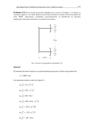 Juan Miquel Canet. Problemas de Estructuras. Cap. 5. Esfuerzo cortante 315 
Problema 5.12 En la sección de paredes delgadas que se acota en la figura 1, el espesor es 
constante e igual a 1 cm. Sobre dicha sección actúa un esfuerzo cortante vertical ascendente de 
valor 40kN . Representar, acotándola convenientemente, la distribución de tensiones 
tangenciales indicando claramente el sentido de las mismas. 
Fig. 1 Sección correspondiente al problema 5.12 
Solución 
El momento de inercia respecto a un eje horizontal que pasa por el centro de gravedad vale 
I  3.902,7cm4 
Los momentos estáticos valen (ver figura 2) 
2 B    
e A m 
7 2 2 
2 C    
e B m 
13 2 2 
60 10  2 B   
e D m 
2 E     
e D m 
160 10 2 2 
7 2 2 
2 L     
e F m 
2      HL 
e m 
13 2 2 
60 10  2    EL 
e m 
 