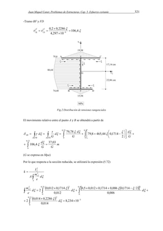 Juan Miquel Canet. Problemas de Estructuras. Cap. 5. Esfuerzo cortante 321 
-Tramo BF y FD 
 
 
0,2 0,2286 
F 
D 
  106,4 
4,297 10 
4  
 
 
   
F 
B 
Fig.2 Distribución de tensiones tangenciales 
El movimiento relativo entre el punto A y B se obtendrá a partir de 
 
d d 
G 
       
    
d 
  
 
d 
  
 
 
 
 
 
0,15 
0 
0,25 
0 
0,4 
0 
106,4 37,03 
2 
79,78 79,8 465,44 0,1714 
m 
G G 
G 
G 
d 
AEFB AEFB 
AB 
 
 
  
 
  
 
 
   
(G se expresa en Mpa) 
Por lo que respecta a la sección reducida, se utilizará la expresión (5.72) 
2 
2 
A m 
 
 
A 
e d 
e 
k I 
 
2 
2 
     
2 2 2 
2 
2 0,012 0,1714 
   
d d d 
e 
  5 
0,15 
2 0,014 0,2286 
0 
2 
0,25 
0 
0,4 
0 
8,234 10 
0,014 
0,5 0,012 0,1714 0,006 0,1714 2 
0,006 
0,012 
   
 
 
 
    
 
 
 
 
 
 
 
  
 
 
 
d 
me 
 