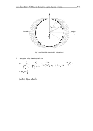 Juan Miquel Canet. Problemas de Estructuras. Cap. 5. Esfuerzo cortante 328 
Fig. 2 Distribución de tensiones tangenciales 
2. La sección reducida viene dada por 
      
    
 
2 
2 
2 
T 
2 
2 
2 2 
T I 
2 2 
2 
2 
2 
2 
2 
2 
kA I 
2 
m 
r e A 
r e 
e r d 
e I r d 
m 
I 
r d 
e 
d 
e 
m 
m 
m m 
m 
e e 
  
 
      
Siendo A el área del anillo. 
 