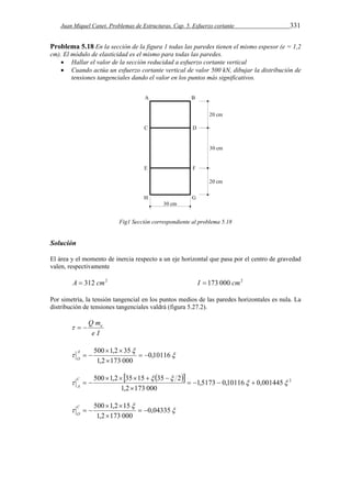 Juan Miquel Canet. Problemas de Estructuras. Cap. 5. Esfuerzo cortante 331 
Problema 5.18 En la sección de la figura 1 todas las paredes tienen el mismo espesor (e = 1,2 
cm). El módulo de elasticidad es el mismo para todas las paredes. 
 Hallar el valor de la sección reducidad a esfuerzo cortante vertical 
 Cuando actúa un esfuerzo cortante vertical de valor 500 kN, dibujar la distribución de 
tensiones tangenciales dando el valor en los puntos más significativos. 
Fig1 Sección correspondiente al problema 5.18 
Solución 
El área y el momento de inercia respecto a un eje horizontal que pasa por el centro de gravedad 
valen, respectivamente 
A  312 cm2 I  173 000 cm2 
Por simetría, la tensión tangencial en los puntos medios de las paredes horizontales es nula. La 
distribución de tensiones tangenciales valdrá (figura 5.27.2). 
Q m   e 
e I 
 
500  1,2  
35  
  
 0,10116 
1,2  
173 000 
  A 
O 
   1,5173 0,10116 0,001445 2 
1,2 173 000 
500  1,2  35  15   35  
 
2   
     
 
  C 
A 
 
500  1,2  
15  
  
 0,04335 
1,2  
173 000 
  C 
O 
 