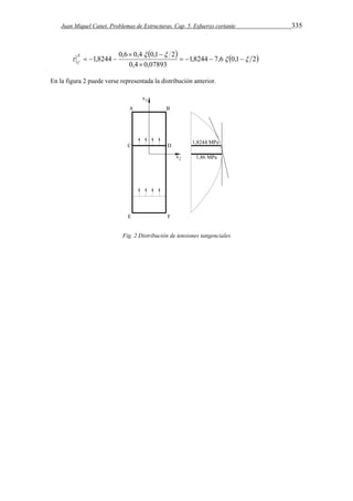 Juan Miquel Canet. Problemas de Estructuras. Cap. 5. Esfuerzo cortante 335 
  1,8244 7,6 0,1 2 
   
 
1,8244 0,6 0,4 0,1 2   
     
0,4  
0,07893 
   E 
C 
En la figura 2 puede verse representada la distribución anterior. 
Fig. 2 Distribución de tensiones tangenciales 
 