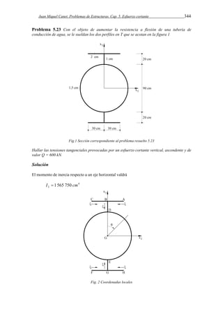 Juan Miquel Canet. Problemas de Estructuras. Cap. 5. Esfuerzo cortante 344 
Problema 5.23 Con el objeto de aumentar la resistencia a flexión de una tubería de 
conducción de agua, se le sueldan los dos perfiles en T que se acotan en la figura 1 
Fig.1 Sección correspondiente al problema resuelto 5.23 
Hallar las tensiones tangenciales provocadas por un esfuerzo cortante vertical, ascendente y de 
valor Q = 600 kN. 
Solución 
El momento de inercia respecto a un eje horizontal valdrá 
4 
I2  1 565 750 cm 
Fig. 2 Coordenadas locales 
 