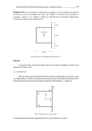 Juan Miquel Canet. Problemas de Estructuras. Cap. 5. Esfuerzo cortante 350 
Problema 5.25 La sección que se representa en la figura 1 está sometida a un esfuerzo 
cortante Q, vertical, ascendente, de valor Q  100 kN . El espesor de las paredes es 
constante e igual a 1 cm. Hallar y dibujar la distribución de tensiones tangenciales, 
acotando sus valores más significativos. 
Fig.1 Sección correspondiente al problema 5.25 
Solución 
La sección tiene un eje horizontal como eje de simetría. Respecto a dicho eje el 
momento de inercia vale 
4 
2 I  26.166,7cm 
Para la obtención de la distribución de tensiones tangenciales la sección es una 
vez hiperestática. Se abre la sección practicando un corte en el punto B de la barra BC e 
introduciendo en dicho punto una tensión tangencial hiperestática 0  (figura 2) 
Fig.2. Punto de corte y ejes locales. 
La distribución de tensiones tangenciales de la sección abierta se escribe: 
 