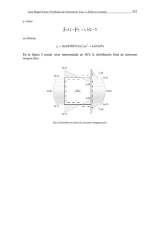 Juan Miquel Canet. Problemas de Estructuras. Cap. 5. Esfuerzo cortante 352 
y como 
      0 0  d   d a 
se obtiene 
0,66878875kN cm2 6,69MPa 
0    
En la figura 5 puede verse representada en MPa la distribución final de tensiones 
tangenciales 
Fig.5 Distribución final de tensiones tangenciales. 
 