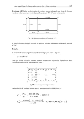 Juan Miquel Canet. Problemas de Estructuras. Cap. 5. Esfuerzo cortante 365 
Problema 5.29 Hallar la distribución de tensiones tangenciales en la sección de la figura 1 
cuando un esfuerzo cortante vertical ascendente de valor 500 kN actúa en la sección. 
Fig. 1 Sección correspondientes al problema 5.29 
El esfuerzo cortante pasa por el centro de esfuerzos cortantes. Determinar asimismo la posición 
de éste. 
Solución 
El momento de inercia respecto a un eje horizontal que pasa por el c.d.g. vale 
I  54.000 cm4 
Dado que existen dos celdas cerradas, existirán dos tensiones tangenciales hiperestáticas. Para 
calcularlas, se realizan los dos cortes de la figura 2 
Fig.2 Tensiones tangenciales hiperestáticas 
La distribución de tensiones tangenciales en la sección abierta valdrá (figura 3). 
 
500  1,5  
15  
  
Q mB e 
A 
 0,13889 
1,5  
54.000 
    
e I 
     10,41667 0,00926 15 2 
1 54.000 
500  1  1.125   15  
 
2   
     
 
  C 
a B 
 
