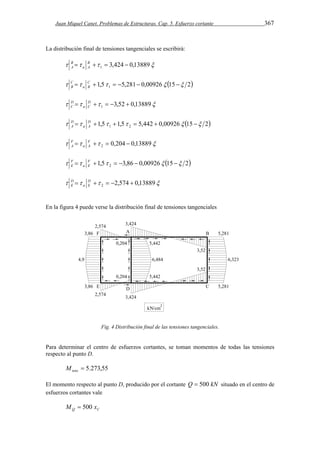 Juan Miquel Canet. Problemas de Estructuras. Cap. 5. Esfuerzo cortante 367 
La distribución final de tensiones tangenciales se escribirá: 
   3,424 0,13889 1  B    
a A 
B 
A 
1,5 5,281 0,00926 15 2 1   C        
a B 
C 
B 
   3,52 0,13889 1  D     
a C 
D 
C 
1,5 1,5 5,442 0,00926 15 2 1 2             DA 
a 
DA 
   0,204 0,13889 2  F    
a A 
F 
A 
1,5 3,86 0,00926 15 2 2            FE 
a 
FE 
   2,574 0,13889 2      DE 
a 
DE 
En la figura 4 puede verse la distribución final de tensiones tangenciales 
Fig. 4 Distribución final de las tensiones tangenciales. 
Para determinar el centro de esfuerzos cortantes, se toman momentos de todas las tensiones 
respecto al punto D. 
 5.273,55 tens M 
El momento respecto al punto D, producido por el cortante Q  500 kN situado en el centro de 
esfuerzos cortantes vale 
Q C M  500 x 
 