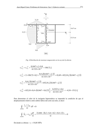 Juan Miquel Canet. Problemas de Estructuras. Cap. 5. Esfuerzo cortante 371 
Fig. 4 Distribución de tensiones tangenciales en la sección b) abierta 
 
0,1667   
 
0,4 
  108,72 
   
61 333 10 
8  
 
E 
a C 
E 
a A 
    43,49 652,18 0,1667 2 
61 333 10 
  
2 108,72 0,2 0,4 0,1667 2   
8     
 
 
     
E 
a D 
    652,18 0,1667 2 
61 333 10 
0,4  0,1667  
2 
   
8   
 
 
  
B 
a A 
0,2323  
 
0,4 
652,18 0,4 0,1667 0,4 2 1 8    
   
 4,34 151,5 
      
61 333 10 
2 
 
D 
a B 
Para determinar el valor de la incógnita hiperestática se impondrá la condición de que el 
desplazamiento relativo entre ambos labios del corte sea nulo, es decir 
  0 
 
a hip   
 d 
G AEDBA 
    
0 
d  
23,484  0,2  0,4  0,2  0,4  
2 1  
 
 
  
AEDBA 
  
a hip G G 
De donde se obtiene 14,68 MPa 1   
 