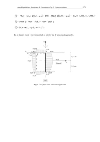 Juan Miquel Canet. Problemas de Estructuras. Cap. 5. Esfuerzo cortante 373 
 E  46,15  721,15 0,16  2 28,81 652,18 0,1667  2  17,34  6,666  34,485 2 
D 
 B  173,08 10,34 151,5  10,34  21,58 
D 
 B  29,36  652,18 0,1667  2 
A 
En la figura 6 puede verse representada la anterior ley de tensiones tangenciales. 
Fig. 6 Valor final de las tensiones tangenciales 
 