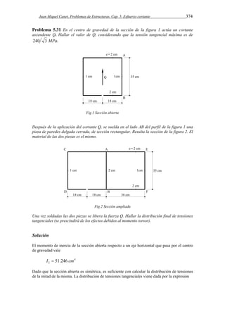 Juan Miquel Canet. Problemas de Estructuras. Cap. 5. Esfuerzo cortante 374 
Problema 5.31 En el centro de gravedad de la sección de la figura 1 actúa un cortante 
ascendente Q. Hallar el valor de Q, considerando que la tensión tangencial máxima es de 
240 3 MPa. 
Fig.1 Sección abierta 
Después de la aplicación del cortante Q, se suelda en el lado AB del perfil de la figura 1 una 
pieza de paredes delgada cerrada, de sección rectangular. Resulta la sección de la figura 2. El 
material de las dos piezas es el mismo. 
Fig.2 Sección ampliada 
Una vez soldadas las dos piezas se libera la fuerza Q. Hallar la distribución final de tensiones 
tangenciales (se prescindirá de los efectos debidos al momento torsor). 
Solución 
El momento de inercia de la sección abierta respecto a un eje horizontal que pasa por el centro 
de gravedad vale 
4 
2 I  51.246 cm 
Dado que la sección abierta es simétrica, es suficiente con calcular la distribución de tensiones 
de la mitad de la misma. La distribución de tensiones tangenciales viene dada por la expresión 
 