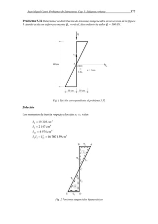 Juan Miquel Canet. Problemas de Estructuras. Cap. 5. Esfuerzo cortante 377 
Problema 5.32 Determinar la distribución de tensiones tangenciales en la sección de la figura 
1 cuando actúa un esfuerzo cortante Q,, vertical, descendente de valor Q = 100 kN. 
Fig. 1 Sección correspondiente al problema 5.32 
Solución 
Los momentos de inercia respecto a los ejes x2 x3 valen 
4 
I2  19 305 cm 
4 
3 I  2 147 cm 
4 
23 I  4 974 cm 
2 8 
2 3 23 I I  I  16 707 159 cm 
Fig. 2 Tensiones tangenciales hiperestáticas 
 