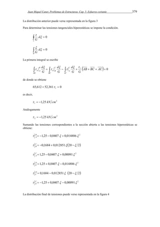 Juan Miquel Canet. Problemas de Estructuras. Cap. 5. Esfuerzo cortante 379 
La distribución anterior puede verse representada en la figura 3 
Para determinar las tensiones tangenciales hiperestáticas se impone la condición. 
 d 
G I 
   0 
   0 
 d 
G II 
La primera integral se escribe 
     d 
 1 AB  BC  AC 0 
G G 
d 
G 
d 
G 
AC 
C 
A 
BC 
C 
a B 
AB 
B 
a A 
  
 
 
 
 
 
de donde se obtiene 
65,612 52,361 0 1    
es decir, 
2 
1   1,25 kN cm 
Análogamente 
2 
2   1,25 kN cm 
Sumando las tensiones correspondientes a la sección abierta a las tensiones hiperestáticas se 
obtiene: 
 B  1,25  0,0407   0,014886 2 
A 
 C  0,1684  0,012851 20  2 
B 
 C  1,25  0,0407  0,00091 2 
A 
2 014886 , 0 0407 , 0 25 , 1       DE 
 D  0,1684  0,012851 20  2 
C 
 C  1,25  0,0407  0,00091 2 
E 
La distribución final de tensiones puede verse representada en la figura 4 
 
