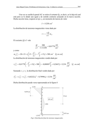 Juan Miquel Canet. Problemas de Estructuras. Cap. 5. Esfuerzo cortante 385 
Una vez se suelda la pared AC se retira el cortante Q3, es decir, se le deja tal cual 
está pero se le añade uno igual y de sentido contrario actuando en la nueva sección. 
Dicha sección tiene, respecto al eje x2, un momento de inercia de valor 
I  11250 cm4 
La distribución de tensiones tangenciales viene dada por 
' 
e2 m 
Q 
e I 
   
El cociente Q e I vale 
kN 
5 0,01778 
Q 200 
 
1 11250 
cm 
e I 
 
 
y como 
   
 
2 
m C     
cm  en cm 
' 
2 15 300 
 3 
e A   
 
20 15 15     2 2 
 
La distribución de tensiones tangenciales vendrá dada por 
2 2 
 
C kN 
A   
 en cm 
cm 
 
 
 0 , 01778  
     
 0,2667 5,334 
2 2 
2 
15 300 0,00889 
2 
 
  
    
Sumando 1 2  y la distribución final vendrá dada por 
C kN 
A 
2 
 C 
    2 
   
A 1 2 0,02222 0,79996 5,334 
cm 
Ca 
Dicha distribución puede verse representada en la figura 4 
Fig.4. Distribución final de tensiones tangenciales. 
 
