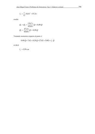 Juan Miquel Canet. Problemas de Estructuras. Cap. 5. Esfuerzo cortante 396 
I t 10,16 87,4 t 
12 
3 
3   
resulta 
Q Q t 0,40 
Q Q 
t 
170,7 
1 2    
428,8 
Q t 0,20 
Q Q 
t 
87,4 
3   
428,8 
Tomando momentos respecto al punto A 
, Q , , Q  , ,  l Q C 0 40  7 62  0 20  7 62  5 08  
es decir 
l , cm C  5 59 
 