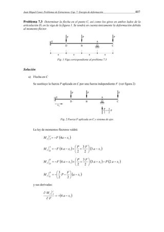 Juan Miquel Canet. Problemas de Estructuras. Cap. 7: Energía de deformación 407 
Problema 7.3 Determinar la flecha en el punto C, así como los giros en ambos lados de la 
articulación D, en la viga de la figura 1. Se tendrá en cuenta únicamente la deformación debida 
al momento flector. 
Fig. 1 Viga correspondiente al problema 7.3 
Solución 
a) Flecha en C 
Se sustituye la fuerza P aplicada en C por una fuerza independiente F (ver figura 2) 
Fig. 2 Fuerza F aplicada en C y sistema de ejes 
La ley de momentos flectores valdrá 
M C F 4a x1  
f A    
M A 
  F 4 a  x   P  
3 
F a x     1 1 3 
 
 f B 2 
2 
 
 
M B 
  F 4 a  x   P  
3 
F a x P a x       1 1 1 3 2 
   
 f D 2 
2 
 
 
M D 
  3 P  
F  
a x   2 2 1 
f E   
 
y sus derivadas: 
 1 4 a x 
M C 
f A    
 
F 
 
 