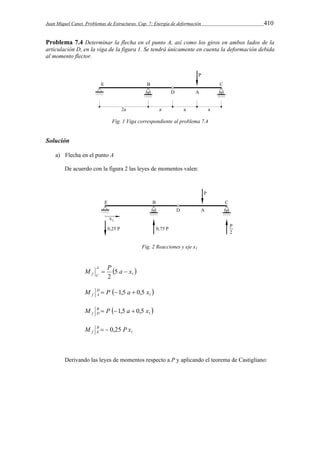 Juan Miquel Canet. Problemas de Estructuras. Cap. 7: Energía de deformación 410 
Problema 7.4 Determinar la flecha en el punto A, así como los giros en ambos lados de la 
articulación D, en la viga de la figura 1. Se tendrá únicamente en cuenta la deformación debida 
al momento flector. 
Fig. 1 Viga correspondiente al problema 7.4 
Solución 
a) Flecha en el punto A 
De acuerdo con la figura 2 las leyes de momentos valen: 
Fig. 2 Reacciones y eje x1 
M P a x A 
  1 5 
2 
f C   
  1 5 , 0 5 , 1 x a P M DA 
f    
  1 M B P 1,5 a 0,5 x 
f D    
1 25 , 0 x P M BE 
f   
Derivando las leyes de momentos respecto a P y aplicando el teorema de Castigliano: 
 