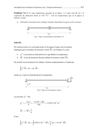 Juan Miquel Canet. Problemas de Estructuras. Cap. 7: Energía de deformación 413 
Problema 7.6 En la viga simplemente apoyada de la figura 1 el canto vale 60 cm y el 
coeficiente de dilatación lineal   105 ºC1 . Con las temperaturas que en la figura se 
indican, se pide: 
 Utilizando el teorema de los trabajos virtuales, determinar los giros en los extremos. 
Fig .1 Viga correspondiente al problema 7.6 
Solución 
Por simetría el giro en A será igual al giro en B aunque el signo será el contrario. 
Supóngase que se introduce un momento virtual M B en B (figura 2) y sean: 
  nt la curvatura en cada punto de la viga debida a la temperatura. 
 M f la ley de momentos flectores debida al momento virtual M B . 
De acuerdo con el teorema de los trabajos virtuales complementarios se tendrá que 
6 
  
0 
 nt M dx  M 
f 1 B B 
siendo B  el giro en B producido por la temperatura 
Fig. 2 Viga con un momento virtual 
La curvatura  nt vale 
 
nt  t 
 
2 2 10 40   
3 1 
5 
1,3333 10 
0,6 
   
  
    m 
h 
1 M M x f   B 
6 
O sea: 
6 
 nt M dx M x dx M 
         
0 
6 
f 1,3333 10 B B 
0 
3 
1 
3 1 
1 4 10 
6 
 