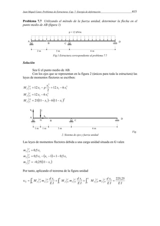 Juan Miquel Canet. Problemas de Estructuras. Cap. 7: Energía de deformación 415 
Problema 7.7 Utilizando el método de la fuerza unidad, determinar la flecha en el 
punto medio de AB (figura 1) 
Fig.1 Estructura correspondiente al problema 7.7 
Solución 
Sea G el punto medio de AB. 
Con los ejes que se representan en la figura 2 (únicos para toda la estructura) las 
leyes de momentos flectores se escriben: 
2 
12 x x x p x M GA 
f     
1 1 
2 
1 
1 12 6 
2 
1 1 M C 12 x 6 x 
2 
f G   
   2 
M D  21 11  x  6 11  
x 
f C 1 1 Fig. 
2. Sistema de ejes y fuerza unidad 
Las leyes de momentos flectores debida a una carga unidad situada en G valen 
m C  
0,5 x 
f A 1 m C  0,5 x   x  1   1  
0,5 x 
f G 1 1 1   1 m D 0,25 11 x 
f C    
Por tanto, aplicando el teorema de la figura unidad 
M m d x C 
M m d x 
E I E I 
M m d x 
E I 
E I 
f D 
C 
f D 
C 
f G 
C 
f G 
G 
f A 
G 
G f A 
11 1 225,25 
5 
5 1 
1 
1 1 
0 
        
 