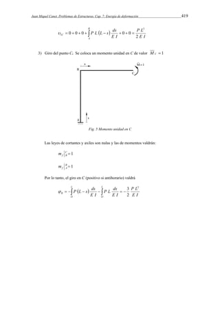Juan Miquel Canet. Problemas de Estructuras. Cap. 7: Energía de deformación 419 
P L  L s  
ds 
P L 
E I 
0 0 0 0 0 
C E I 
2 
B 
A 
3 
1           
3) Giro del punto C. Se coloca un momento unidad en C de valor M C  1 
Fig. 5 Momento unidad en C 
Las leyes de cortantes y axiles son nulas y las de momentos valdrán: 
C  1 
f B m 
B  1 
f A m 
Por lo tanto, el giro en C (positivo si antihorario) valdrá 
P L s ds 
      
    3 
P L 
E I 
P L ds 
E I 
E I 
L 
O 
L 
O 
B 
2 
2 
 