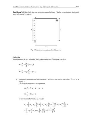 Juan Miquel Canet. Problemas de Estructuras. Cap. 7: Energía de deformación 424 
Problema 7.11 En el pórtico que se representa en la figura 1 hallar el movimiento horizontal 
de A así como el giro de A. 
Fig. 1 Pórtico correspondiente al problema 7.11 
Solución 
Con el sistema de ejes indicados, las leyes de momentos flectores se escriben: 
M pa a x B 
  2 1 
f A   
M p x p a x C 
1 
2 
f B    
12 
a) Para hallar el movimiento horizontal en A, se coloca una fuerza horizontal F  1 en A 
(figura 2). 
Las leyes de momentos flectores valen 
  1 1 m B F a x a x 
f A     
1 1 m Fx x C 
f B   
El movimiento horizontal de A valdrá 
pa  a x  
dx 
u M m dx 
a 
 
B 
M m dx 
   
     
 
p x p a x x dx 
   
 
  
C 
   
A 
B 
a 
A f f f f 
, p a 
E I 
E I 
E I 
E I 
E I 
0 
4 
1 
1 1 
2 
1 
0 
2 1 
1 
1 1 
0 375 
2 
2 
 