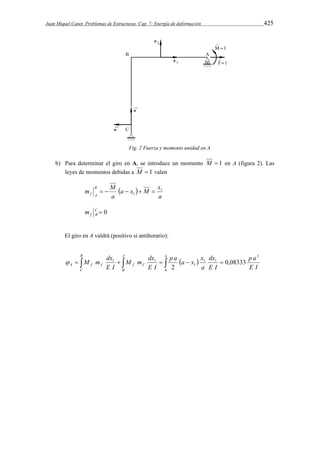 Juan Miquel Canet. Problemas de Estructuras. Cap. 7: Energía de deformación 425 
Fig. 2 Fuerza y momento unidad en A 
b) Para determinar el giro en A, se introduce un momento M  1 en A (figura 2). Las 
leyes de momentos debidas a M  1 valen 
a x M x 
  
a 
m M B 
a 
f A 
1 
1      
C  0 
f B m 
El giro en A valdrá (positivo si antihorario): 
  
p a 
E I 
dx 
a 
         
1 1 0,08333 
E I 
p a a x x 
M m dx 
E I 
M m dx 
E I 
B 
C 
A 
B 
a 
A f f f f 
3 
1 1 
1 
0 
2 
 