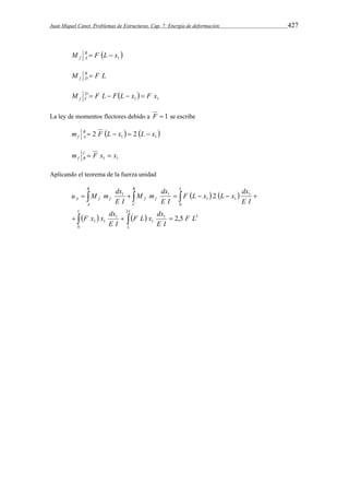 Juan Miquel Canet. Problemas de Estructuras. Cap. 7: Energía de deformación 427 
M B  F  L  
 f A x1 
M B F L 
f D  
M D  F L  F  L  x   
F x 
f C 1 1 La ley de momentos flectores debido a F  1 se escribe 
m B  2 F  L  x   2  L  
x 
 f A 1 1 m C  F x  
x 
f B 1 1 Aplicando el teorema de la fuerza unidad 
F  L x   L x  
dx 
M m dx 
u M m dx 
   
      
L L 
F L x dx 
F x x dx 
    
   
L 
B 
A 
B 
C 
L 
A f f f f 
F L 
E I 
E I 
E I 
E I 
E I 
0 
3 
2 
1 
1 
1 
1 1 
1 
1 
0 
1 
1 1 
2,5 
2 
 