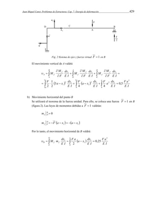 Juan Miquel Canet. Problemas de Estructuras. Cap. 7: Energía de deformación 429 
Fig. 2 Sistema de ejes y fuerza virtual F  1 en B 
El movimiento vertical de A valdrá 
 
 
dx 
M 
dx 
M 
   
 
1 1 1 
 
 
 
 
a 
F a x dx 
F 1 
a x dx 
       
 
 
M 
 
dx 
F a dx 
       
a 
a a 
B 
A 
A 
D 
D 
E 
f 
f 
f 
f 
f 
A f 
F a 
E I 
E I 
E I 
E I 
E I 
F 
M 
E I 
F 
M 
E I 
F 
M 
3 
2 
2 
0 0 
3 
2 1 2 1 
1 
2 1 
1 
0,5 
4 4 
3 
2 
2 
 
b) Movimiento horizontal del punto B 
Se utilizará el teorema de la fuerza unidad. Para ello, se coloca una fuerza F  1 en B 
(figura 2). Las leyes de momentos debidas a F  1 valdrán: 
B  0 
f D m 
m   F  f DE 
a  x     a  
x  1 1 Por lo tanto, el movimiento horizontal de B valdrá: 
F a  a x  
dx 
F a 
E I 
       
1 0,25 
E I 
M m dx 
E I 
D 
E 
a 
B f f 
3 
1 
1 
0 
2 
 
