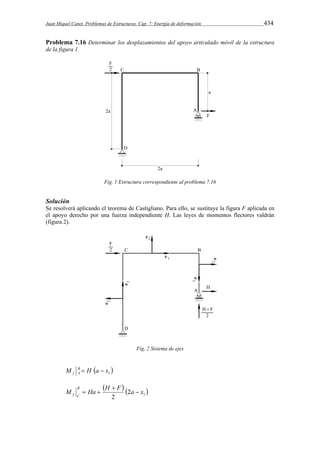 Juan Miquel Canet. Problemas de Estructuras. Cap. 7: Energía de deformación 434 
Problema 7.16 Determinar los desplazamientos del apoyo articulado móvil de la estructura 
de la figura 1. 
Fig. 1 Estructura correspondiente al problema 7.16 
Solución 
Se resolverá aplicando el teorema de Castigliano. Para ello, se sustituye la figura F aplicada en 
el apoyo derecho por una fuerza independiente H. Las leyes de momentos flectores valdrán 
(figura 2). 
Fig. 2 Sistema de ejes 
M B H a x1  
f A   
   1 2 
 
M B 
Ha H F a x f C  
2 
  
 