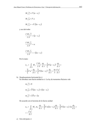 Juan Miquel Canet. Problemas de Estructuras. Cap. 7: Energía de deformación 442 
M B  F  a  
 f A x1 
a F M CB 
f  
M C   F  2a  
x 
 f D 1 y sus derivadas 
  1 a x 
M B 
f A   
 
F 
 
a 
M CB 
f  
 
F 
 
  1 2a x 
M C 
f D    
 
F 
 
Por lo tanto: 
F  a x  
dx 
dx 
M 
   
F a x dx 
 
 
  
   2  
16 
F a 
E I 
E I 
ABCD 
F a dx 
E I 
E I 
E I 
F 
M 
a a 
a 
f 
A f 
2 3 
0 
3 
0 
2 1 
1 
2 1 
0 
2 1 
1 
1 
3 
  
    
b) Desplazamiento horizontal de A. 
Se introduce una fuerza unidad en A. La ley de momentos flectores vale 
B  0 
f A m 
    1 1 m C F 2a x 2a x 
f B     
m D Fa a 
f C  2  2 
De acuerdo con el teorema de la fuerza unidad 
F a x a dx 
F a a x dx 
    
u M m dx 
          
F a 
E I 
E I 
1 2 2 2 
E I 
E I 
ABCD 
a a 
A f f 
3 
2 
0 
3 
0 
1 
1 
1 
1 
  
c) Giro del punto A. 
 