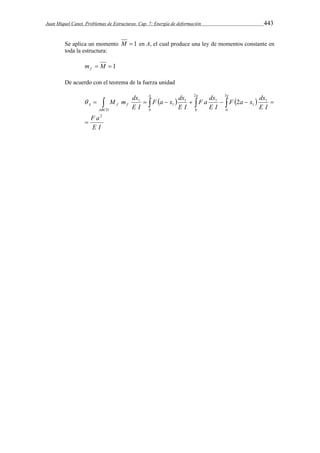 Juan Miquel Canet. Problemas de Estructuras. Cap. 7: Energía de deformación 443 
Se aplica un momento M  1 en A, el cual produce una ley de momentos constante en 
toda la estructura: 
m  M  1 f 
De acuerdo con el teorema de la fuerza unidad 
F a x dx 
F a dx 
F a x dx 
    
            
F a 
E I 
E I 
1 2 
E I 
E I 
M m dx 
E I 
ABCD 
a a a 
A f f 
2 
0 
2 
0 
3 
0 
1 
1 
1 1 
1 
 
 