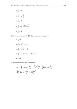 Juan Miquel Canet. Problemas de Estructuras. Cap. 7: Energía de deformación 445 
C  0 
f B M 
2 
1 M p x D 
2 
f C  
M E 2 pa2 
f D  
  
2 2 
1 M p a x G 
2 
f E 
 
 
0  AG 
f M 
Debido a las dos fuerzas F  1 las leyes de momentos se escriben: 
C  0 
f B m 
1 1 m D F x x 
f C     
a a F m DE 
f   2  2 
    1 1 2 2 x a x a F m EG 
f       
A  0 
f G m 
El movimiento relativo entre A y B valdrá 
p x dx 
u M m dx 
   
pa a dx 
1 2 1 
      
a 
p a x dx 
   
    
a 
BCDEGA 
a 
AB f f 
pa 
E I 
E I 
E I 
E I 
E I 
2 
0 
4 
3 1 
1 
2 
0 
2 
0 
3 
1 1 
2 12 
2 
2 2 
2 
 