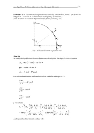 Juan Miquel Canet. Problemas de Estructuras. Cap. 7: Energía de deformación 446 
Problema 7.21 Determinar el desplazamiento vertical y horizontal del punto A en el arco de 
la figura 1. La sección de la estructura es rectangular y el área vale A. 
Nota: Se tendrá en cuenta la deformación por flector, cortante y axil. 
Fig. 1 Arco correspondiente al problema 7.21 
Solución 
Se resolverá el problema utilizando el teorema de Castigliano. Las leyes de esfuerzos valen: 
M VR 1 sin  HR cos f    
Q  V cos  H sin 
N  V sin  H cos 
Para hallar el movimiento horizontal se derivan los esfuerzos respecto a H. 
R cos 
M f   
 
H 
 
sin 
Q   
 
H 
 
  cos 
 
H 
 
N 
y por lo tanto 
      
 
  
R d 
Q Q 
R d 
M 
2 
2 
2 
   
 
 
 
0 
0 
2 2 
, HR R 
R d 
H 
     
  
 
u M f 
A f 
 
0 
, VR R 
  
 
    
 
 
 
 
 
 
E I k G A E A 
E I k G A E A 
E A 
N N 
k G A 
H 
E I 
H 
0 5 1 1 0 7854 1 1 
Análogamente, el movimiento vertical vale 
 