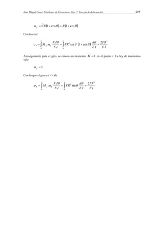 Juan Miquel Canet. Problemas de Estructuras. Cap. 7: Energía de deformación 449 
  m  VR 1 cos  R1 cos  f 
Con lo cual 
   
FR d 
    3 sin  1 cos  
 2 
FR 
E I 
E I 
M m R d A f f 
E I 
3 
0 0 
  
 
 
Análogamente para el giro, se coloca un momento M  1 en el punto A. La ley de momentos 
vale 
 1 f m 
Con lo que el giro en A vale 
   
FR d 
M m R d A f f 
     
 
 
 
0 0 
2 
2 sin 2 
FR 
E I 
E I 
E I 
 